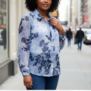 Avenue‎ Womens 100% Silk Sheer Floral Button Up Blouse Top Whimsigoth Size 18/20